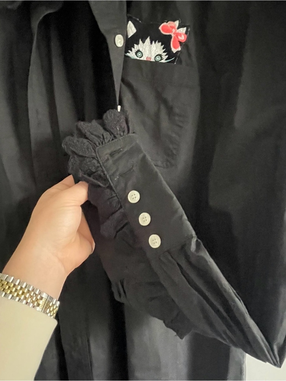 Manoush Paris BlackCat Pocket Blouse Lace Collar Puff Sleeve French Designer Top